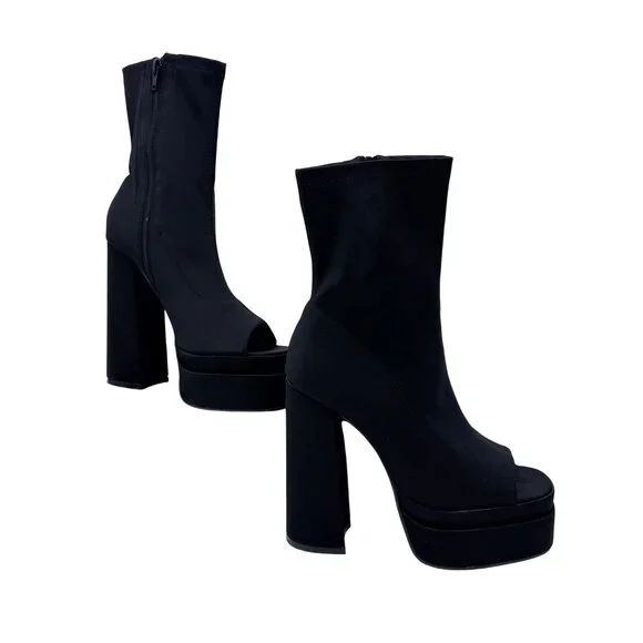 NIB Black Platform Open Toe Chunky Heel Lug Sole Casual Sexy Ankle Boots 10 - Picture 11 of 16